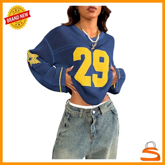 Sweaters - Oversized V-Neck Crochet Pullover Sweater Long Sleeve Jersey Top